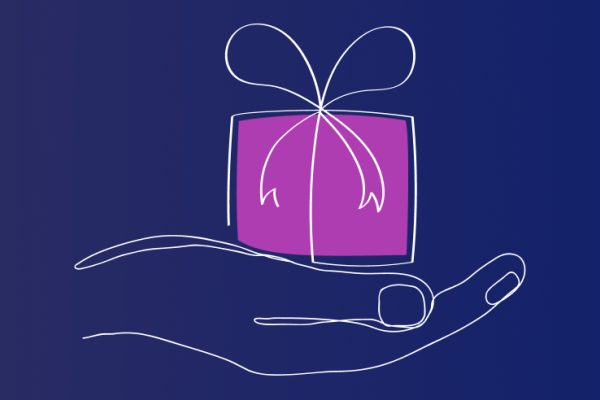 Abbildung einer Hand mit einem kleinen lila Geschenk