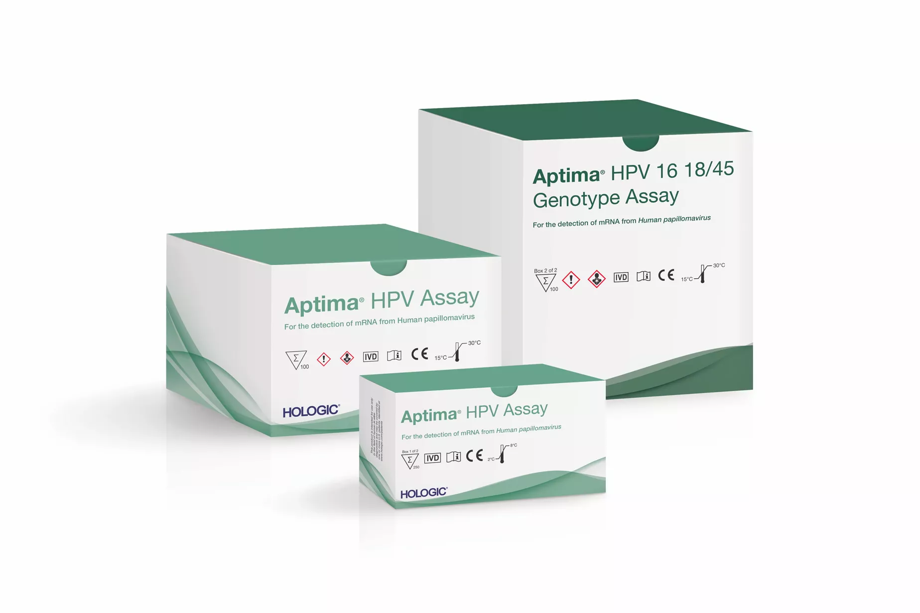 Kartons des Aptima HPV Assays auf weißem Hintergrund