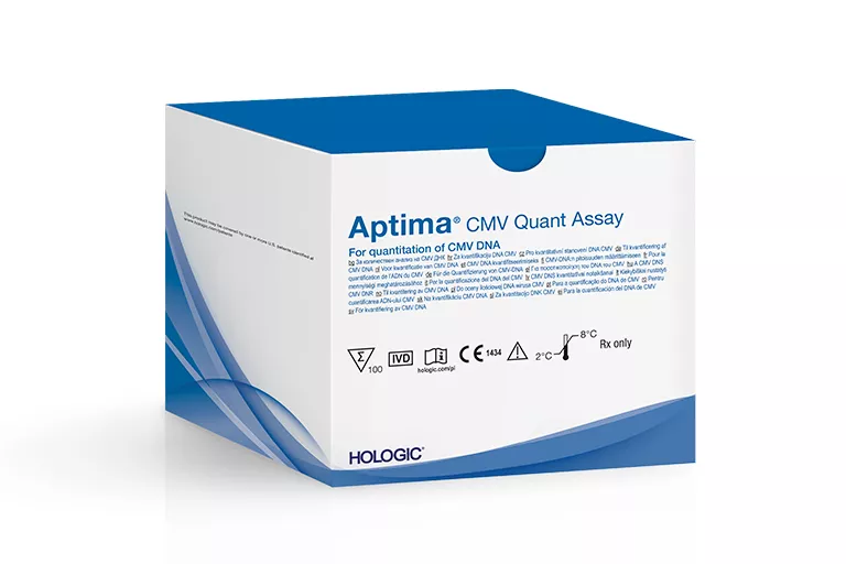 Karton des Aptima® CMV Quant Assays auf weißem Hintergrund